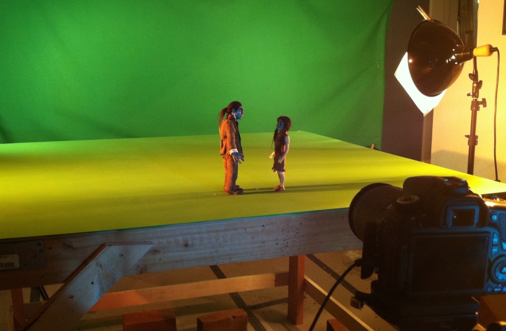 Frank and the Zombie Girl in front of a green screen.